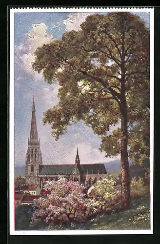Künstler-AK Linz a. D., Maria-Empfängnis-Dom hinter blühenden Bäumen