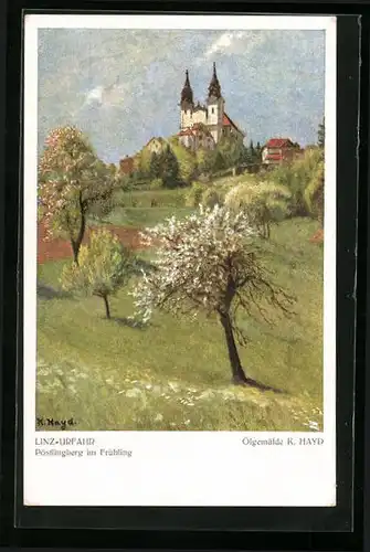 Künstler-AK Linz-Urfahr a. D., Wiese mit blühenden Bäumen vor der Kirche