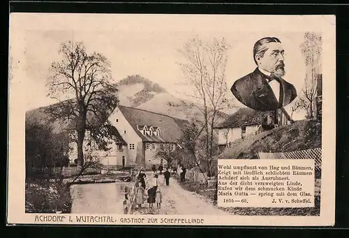 AK Achdorf /Wutachtal, Gasthof zur Scheffellinde, Portrait J. V. v. Scheffel