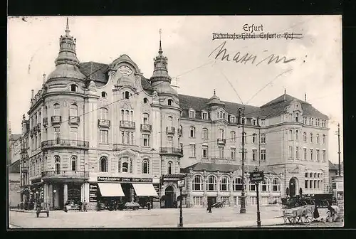 AK Erfurt, Bahnhofs-Hotel Erfurter Hof mit Haltestelle der Strassenbahn