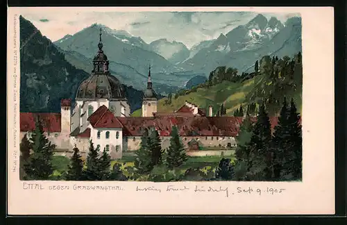 Künstler-AK Ettal, Ortsansicht gegen Graswangthal
