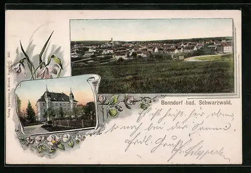 Künstler-AK Bonndorf /Schwarzw., Gesamtansicht, Villa mit Türmen, Blumen
