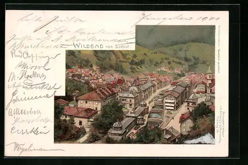 Künstler-AK Wildbad /Schwarzw., Ortsansicht von Südost