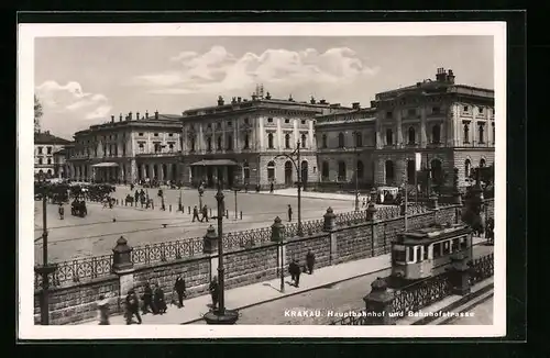 AK Krakau, Hauptbahnhof und Bahnhofstrasse, Strassenbahn