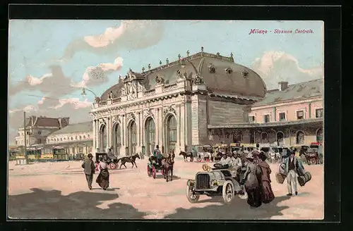 Künstler-AK Milano, Stazione Centrale, Bahnhof