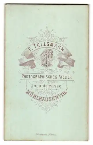 Fotografie F. Tellgmann, Mühlhausen i /Th., Jacobistr., Junger Herr im Anzug mit Schnauzbart