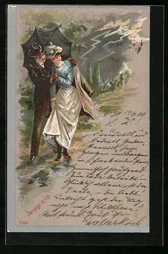 AK Verzage nicht, Paar mit Schirm bei einem Gewitter, Meteorologie