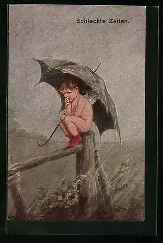AK Schlechte Zeiten, Nacktes Kind mit Schirm bei Regen, Meteorologie