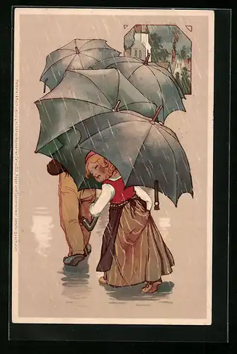 AK Frauen und Männer mit Regenschirmen, Kirche, Meteorologie