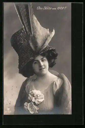 AK Mode, Junge Frau mit Hut von 1909