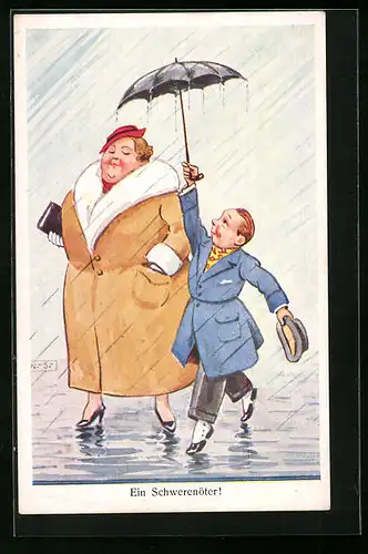 AK Ein Schwerenöter!, Kleiner Mann hält Frau den Regenschirm, Meteorologie