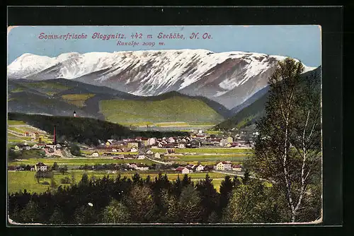 AK Gloggnitz, Ort vor schneebedeckten Bergen