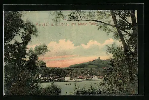AK Marbach a. d. Donau, Ort und Maria Taferl bei Sonnenuntergang
