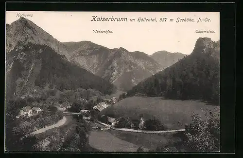 AK Kaiserbrunn im Höllental, Panorama mit Hochgang, Wasseröfen und Turmstein