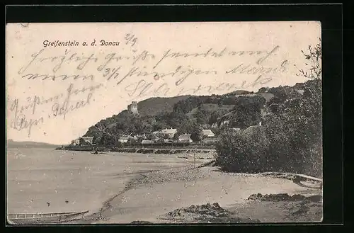 AK Greifenstein a. d. Donau, Blick zur Ruine mit Ufer