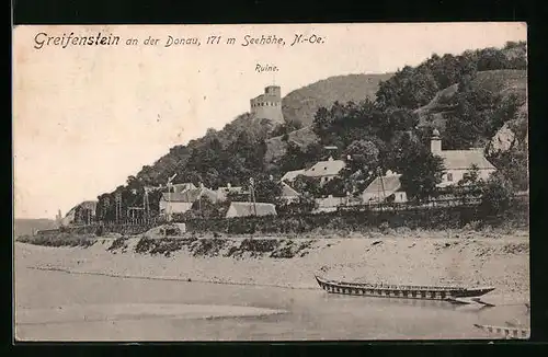 AK Greifenstein a. d. Donau, Burgruine mit Boot am Ufer