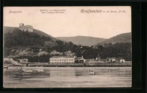 AK Greifenstein a. d. Donau, Burgruine, Gasthof und Restauration zum braunen Hirschen