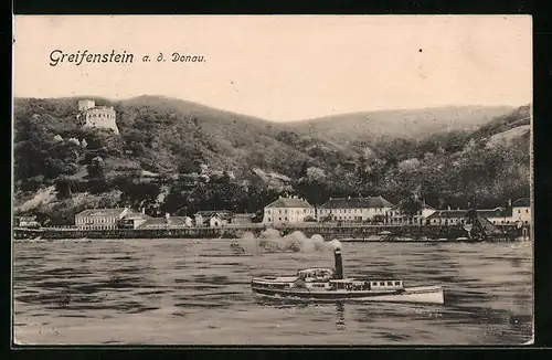 AK Greifenstein /Donau, Dampfer passiert Ortschaft