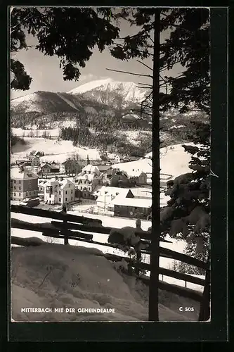 AK Mitterbach, Ortsansicht mit der Gemeindealpe im Schnee