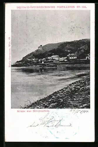 AK Greifenstein, Blick zur Ruine mit Ufer
