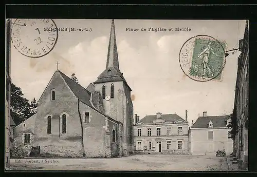 AK Seiches, Place de l`Eglise et Mairie