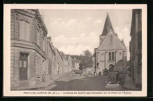 AK Fontaine-Guérin, La Statue de Guérin des Fontaines sur la Place de l'Église