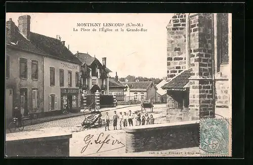 AK Montigny Lencoup, La Place de l`Église et la Grande-Rue