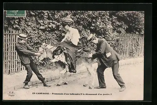 AK En Campagne, Promenade d`une belle-mère !!! Le dévouement d`un gendre !!!
