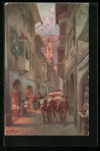 Künstler-AK Rudolf Alfred Höger: Merano, Abendliche Strasse, Fuhrwerk