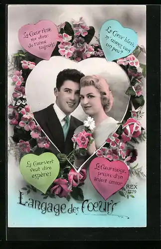 AK Langage des Coeurs, Liebespaar im Herzrahmen
