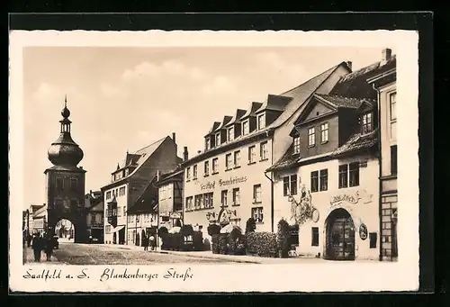 AK Saalfeld a. S., Blankenburger Strasse mit Gasthof Gambrinus