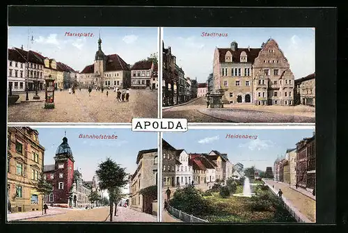 AK Apolda, Stadthaus, Marktplatz mit Litfasssäule, Heidenberg