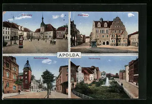 AK Apolda, Stadthaus, Marktplatz mit Litfasssäule, Heidenberg