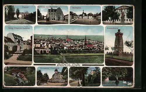 AK Apolda, Stadthaus mit Sparkasse, Viadukt, Bismarckturm