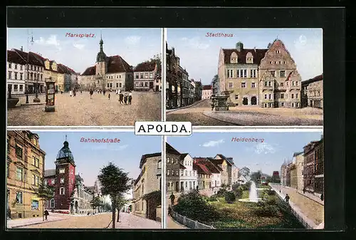 AK Apolda, Stadthaus, Marktplatz mit Litfasssäule, Heidenberg