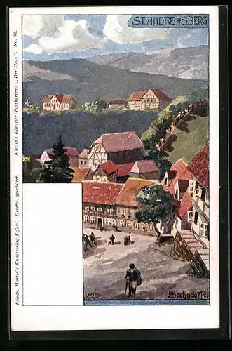 Künstler-AK H. Bahndorf: St. Andreasberg, Ortspartie vor Bergpanorama