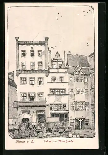 Künstler-AK Halle a. S., Börse am Marktplatz