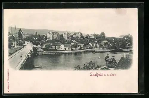 Relief-AK Saalfeld a. d. Saale, Ortspartie am Fluss