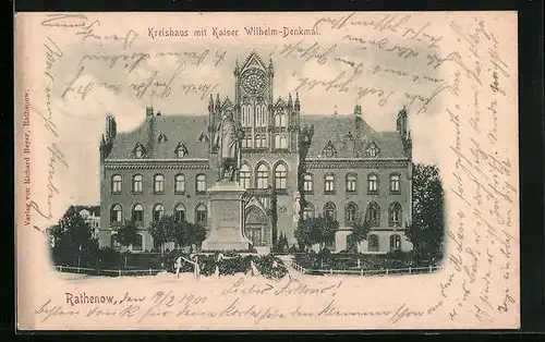 AK Rathenow, Kreishaus mit Kaiser Wilhelm-Denkmal