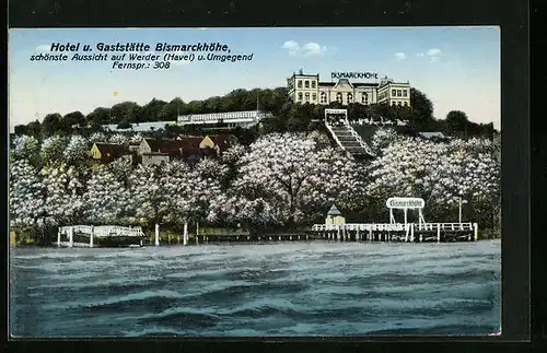 AK Werder /Havel, Gasthaus Bismarckshöhe zur Zeit der Baumblüte von der Havel aus