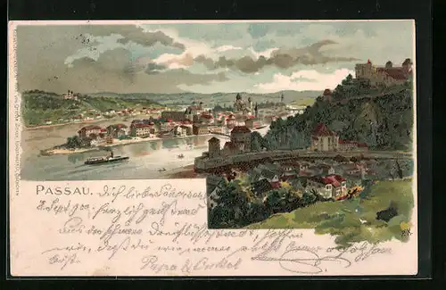 Künstler-AK Passau, Ortspartie aus der Vogelschau