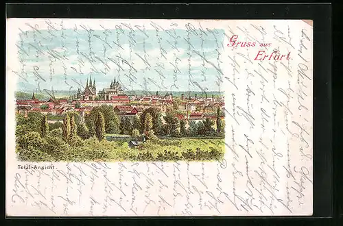 Lithographie Erfurt, Ortspartie mit Kirchen
