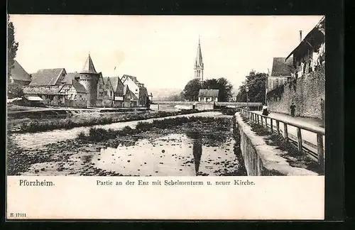 AK Pforzheim, Partie an der Enz mit Schelmenturm und neuer Kirche