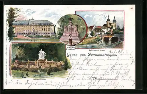 AK Donaueschingen, Schloss, Schützenbrücke, Donauquelle