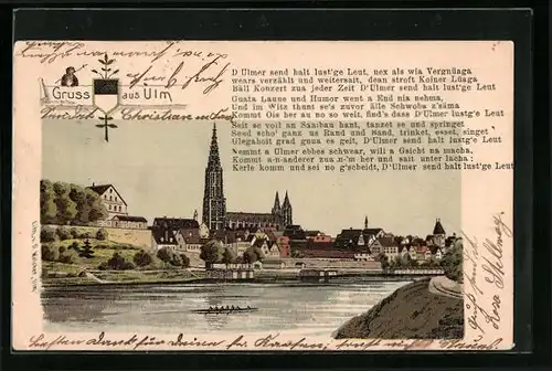 Lithographie Ulm, Ortspartie, Das Münster mit Umgebung