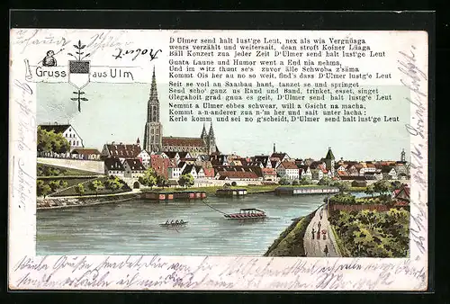 Lithographie Ulm, Panorama der Stadt mit Donaublick, Wappen
