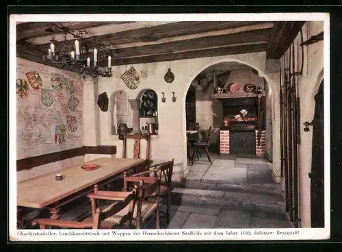 AK Saalfeld /Saale, Hotel Anker / Güldne Gans - Churfürstenkeller, Landsknechtstisch