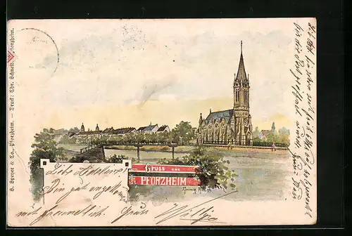 Künstler-AK Pforzheim, Teilansicht mit Kirche