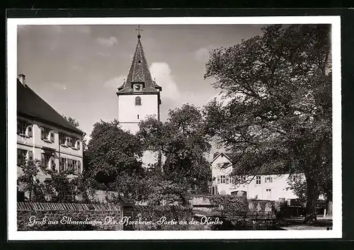 AK Ellmendingen /Pforzheim, Partie an der Kirche