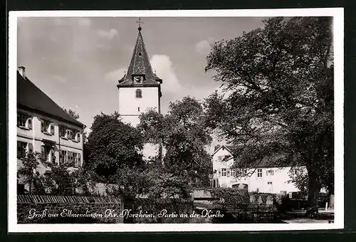 AK Ellmendingen /Pforzheim, Partie an der Kirche